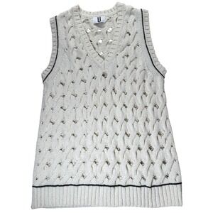 Unique Cream Cable Knit Sweater Vest V-Neck Contrast Trim‎ Tennis Prep Small